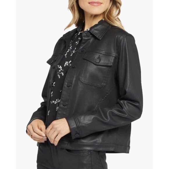 NYDJ Black Coated Denim Trucker Jacket with Slanted Seams S Could fit M - Picture 7 of 15